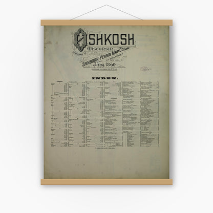 Old map wall art mockup — magnetic wood frame on white wall — Sanborn Fire Insurance Map from Oshkosh, Winnebago County, Wisconsin (1890), Sheet #0001