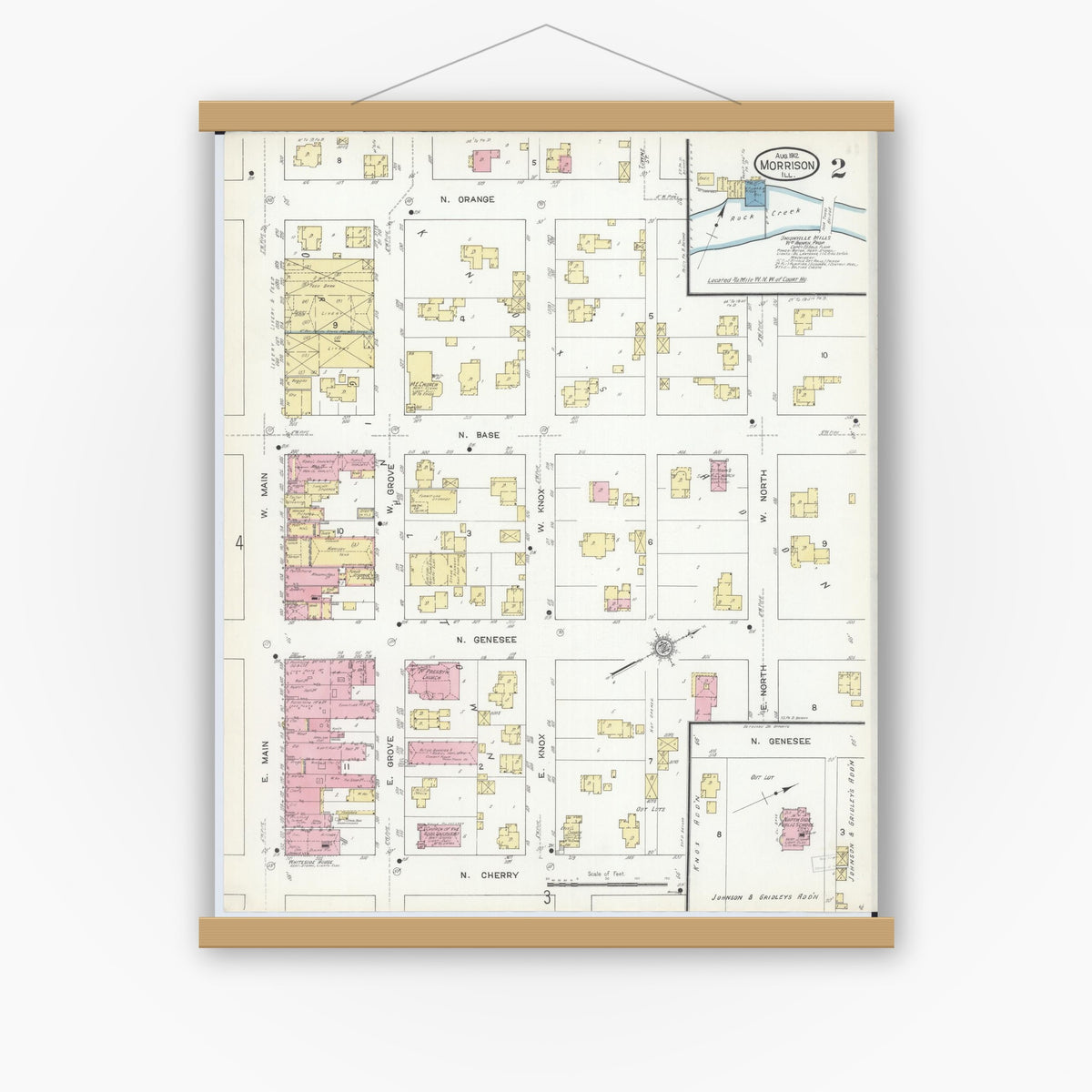 Old map wall art mockup — magnetic wood frame on white wall — Sanborn Fire Insurance Map from Morrison, Whiteside County, Illinois (1912), Sheet #0002