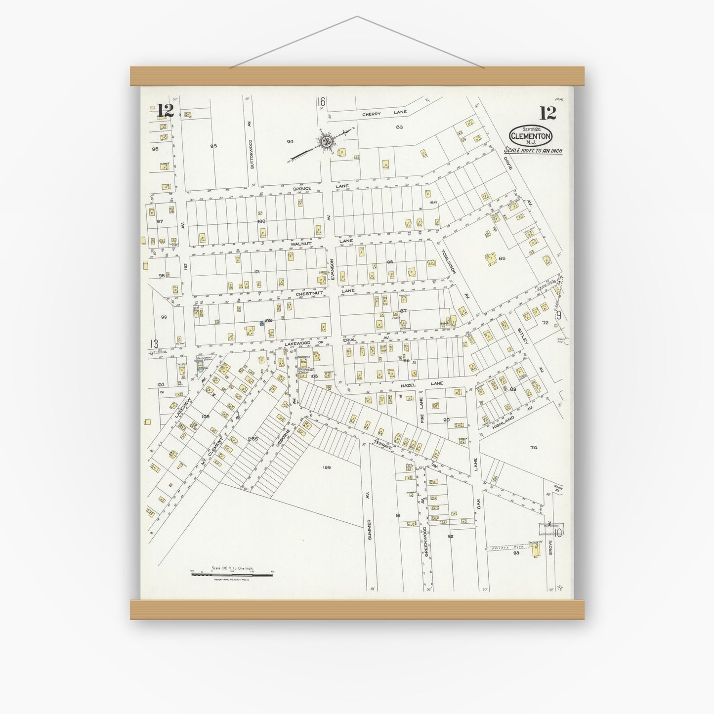 Old map wall art mockup — magnetic wood frame on white wall — Sanborn Fire Insurance Map from Clementon, Camden County, New Jersey (1924), Sheet #0012