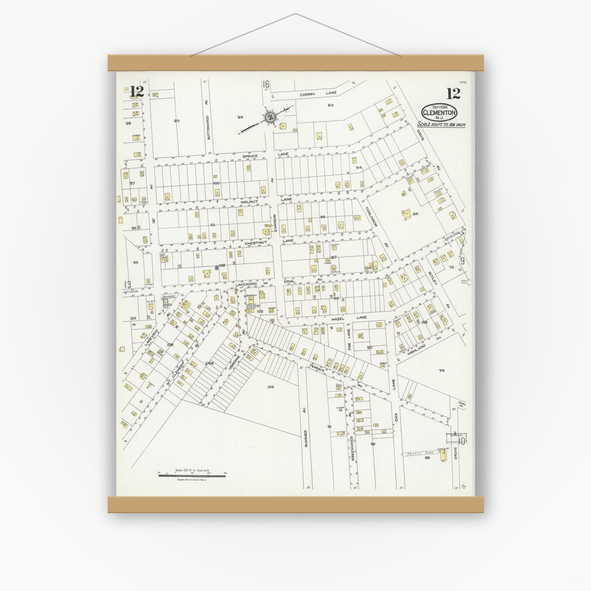 Old map wall art mockup — magnetic wood frame on white wall — Sanborn Fire Insurance Map from Clementon, Camden County, New Jersey (1924), Sheet #0012