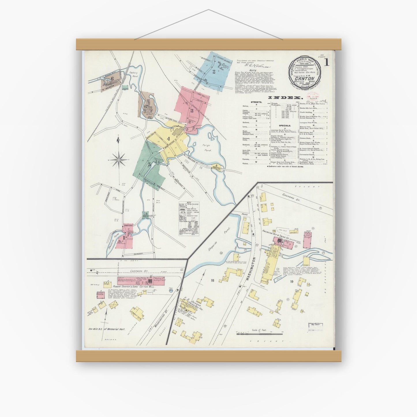 Old map wall art mockup — magnetic wood frame on white wall — Sanborn Fire Insurance Map from Canton, Norfolk County, Massachusetts (1896) - Complete Map Set