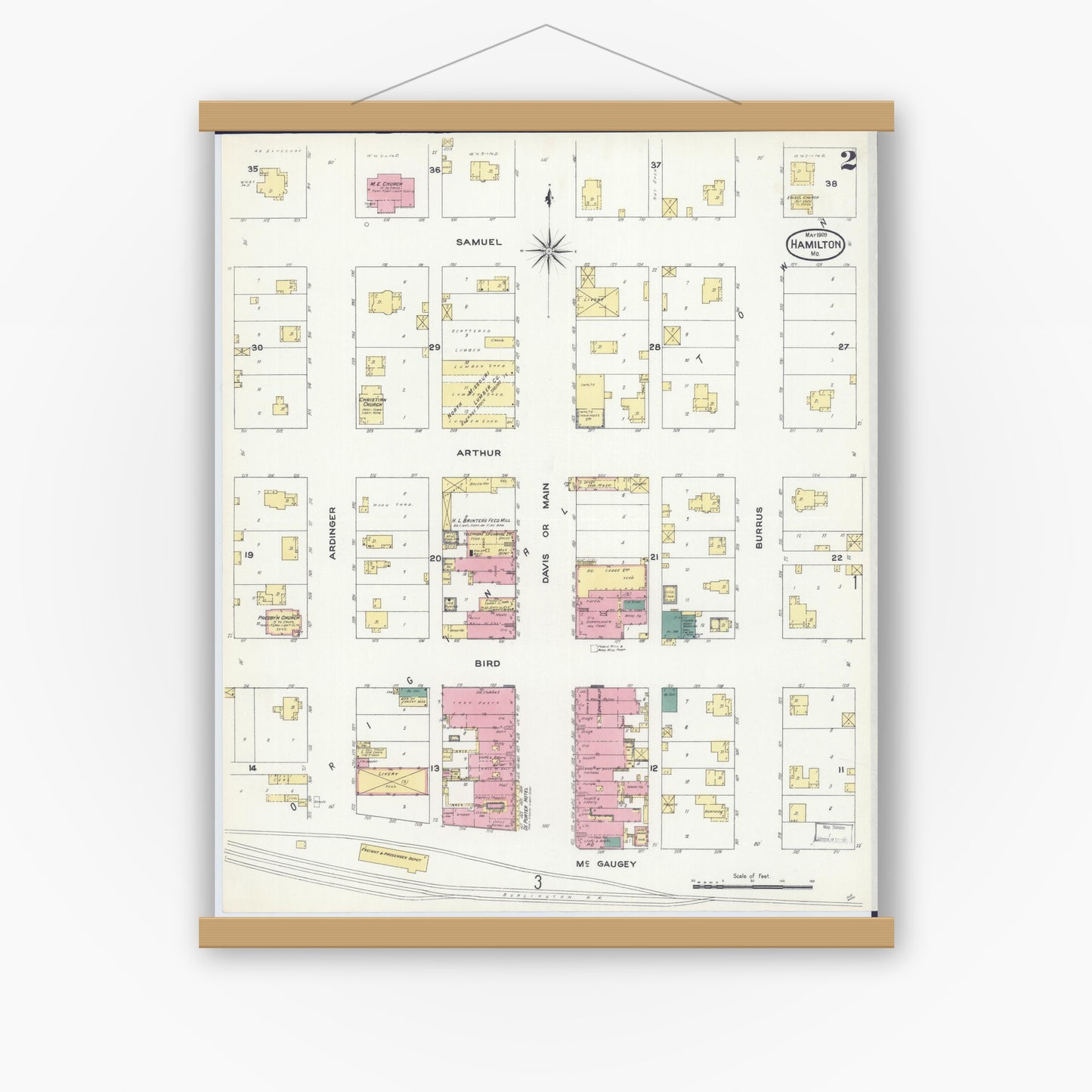 Old map wall art mockup — magnetic wood frame on white wall — Sanborn Fire Insurance Map from Hamilton, Caldwell County, Missouri (1909), Sheet #0002