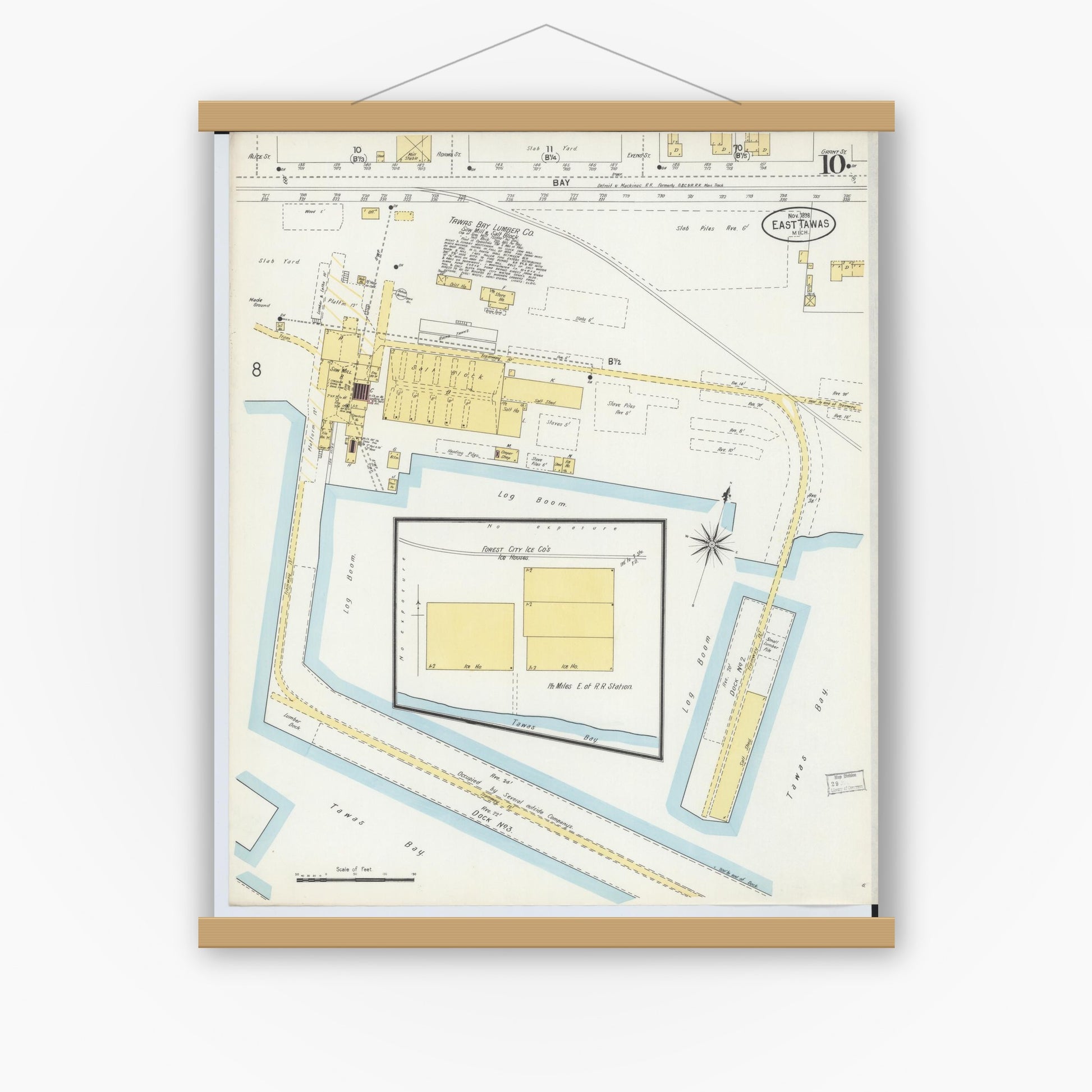 Old map wall art mockup — magnetic wood frame on white wall — Sanborn Fire Insurance Map from Tawas City, Iosco County, Michigan (1898), Sheet #0010