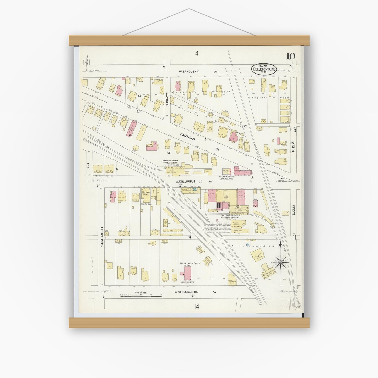 Old map wall art mockup — magnetic wood frame on white wall — Sanborn Fire Insurance Map from Bellefontaine, Logan County, Ohio (1907), Sheet #0010