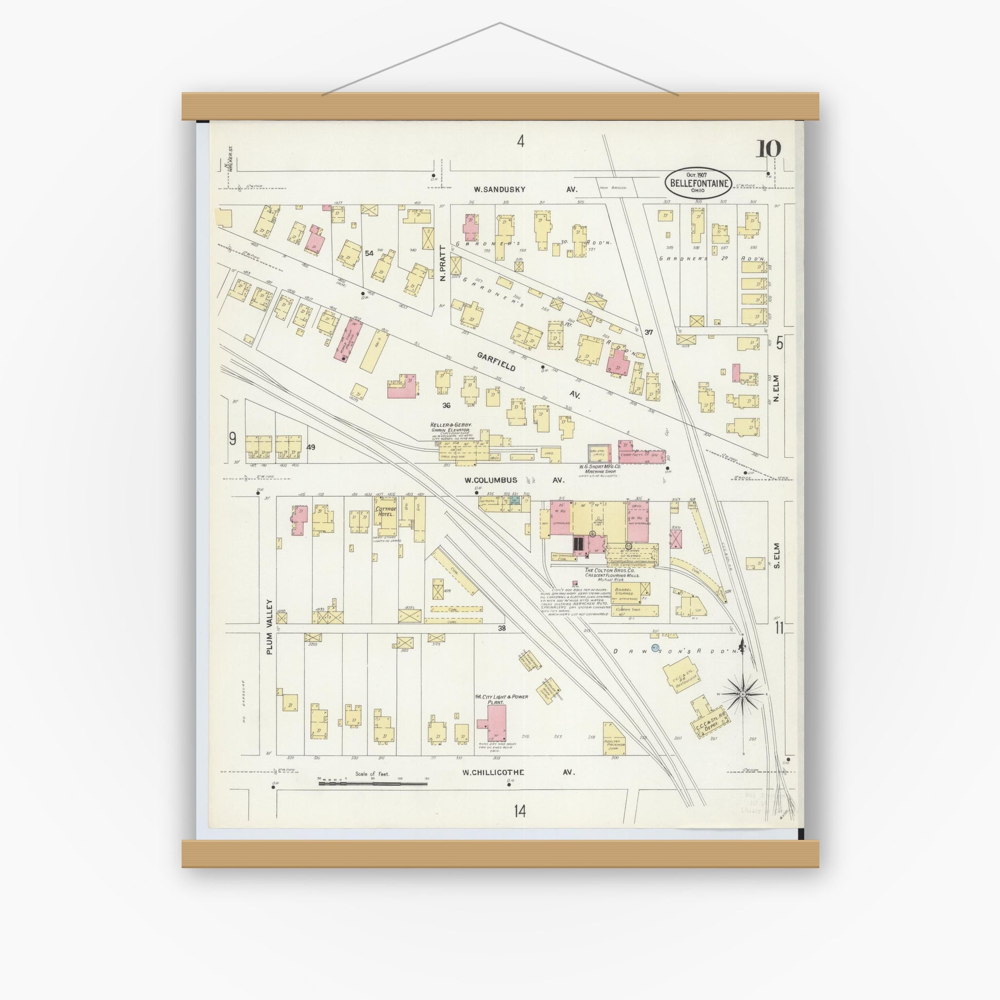 Old map wall art mockup — magnetic wood frame on white wall — Sanborn Fire Insurance Map from Bellefontaine, Logan County, Ohio (1907), Sheet #0010