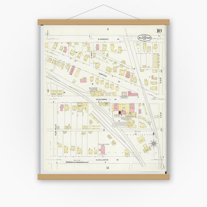 Old map wall art mockup — magnetic wood frame on white wall — Sanborn Fire Insurance Map from Bellefontaine, Logan County, Ohio (1907), Sheet #0010