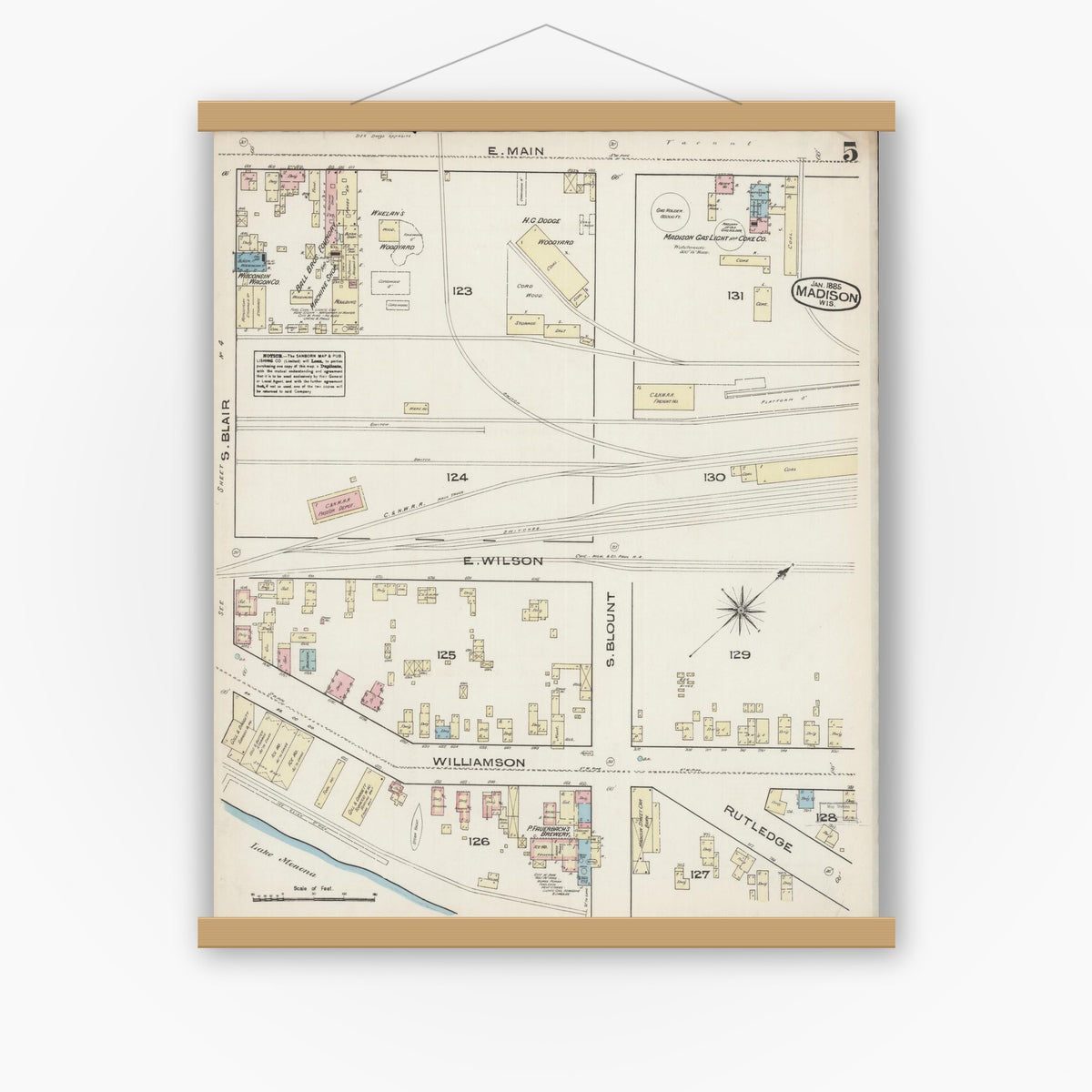 Old map wall art mockup — magnetic wood frame on white wall — Sanborn Fire Insurance Map from Madison, Dane County, Wisconsin (1885), Sheet #0005