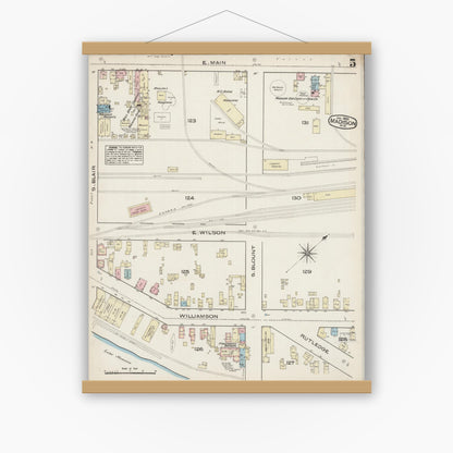 Old map wall art mockup — magnetic wood frame on white wall — Sanborn Fire Insurance Map from Madison, Dane County, Wisconsin (1885), Sheet #0005