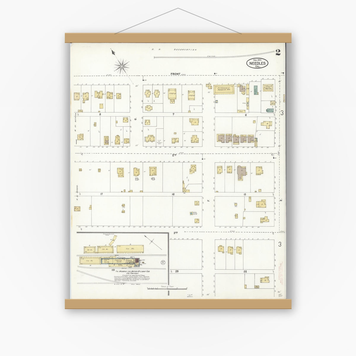 Old map wall art mockup — magnetic wood frame on white wall — Sanborn Fire Insurance Map from Needles, San Bernardino County, California (1901), Sheet #0002
