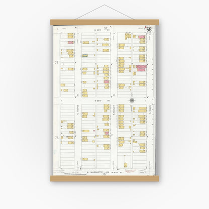 Old map wall art mockup — magnetic wood frame on white wall — Sanborn Fire Insurance Map from Chicago, Cook County, Illinois (1920), Sheet #0058