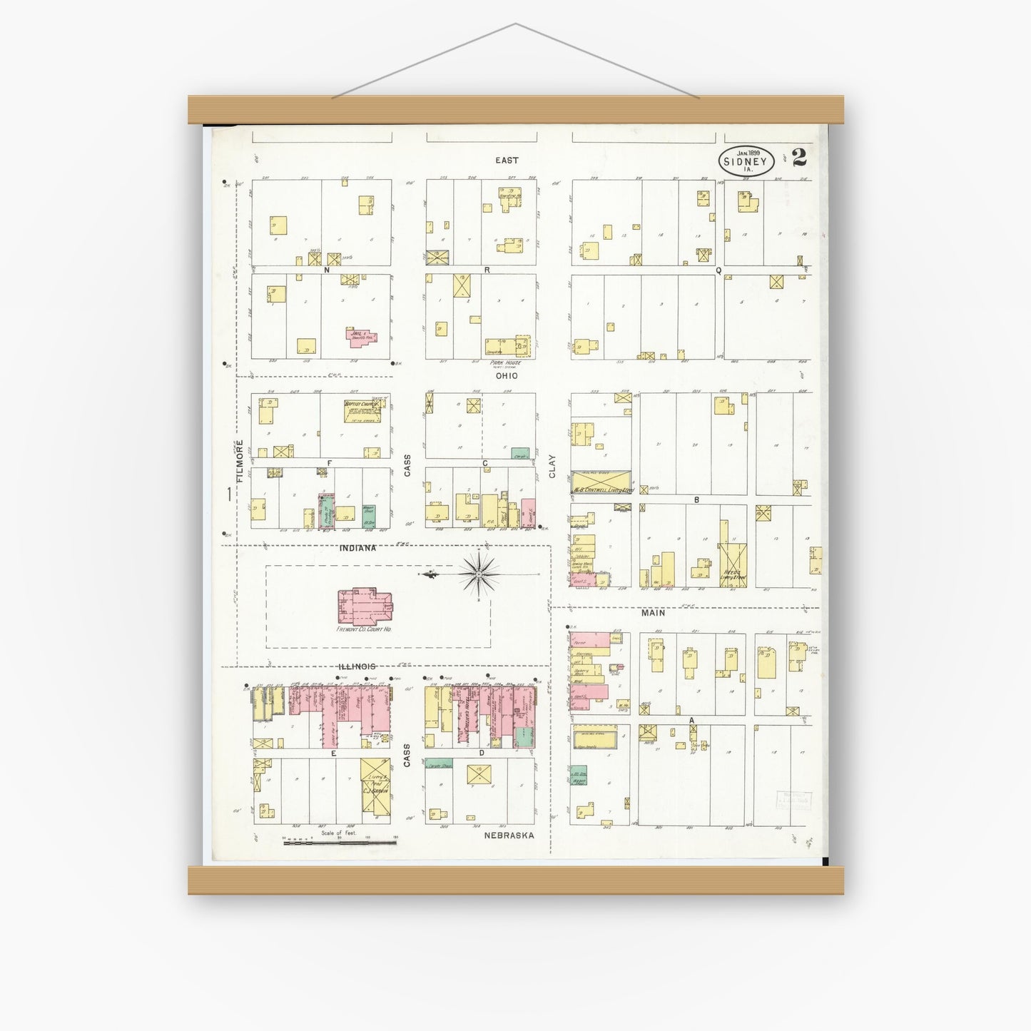 Old map wall art mockup — magnetic wood frame on white wall — Sanborn Fire Insurance Map from Sidney, Fremont County, Iowa (1899), Sheet #0002