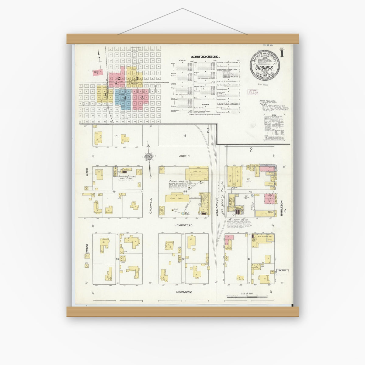 Old map wall art mockup — magnetic wood frame on white wall — Sanborn Fire Insurance Map from Giddings, Lee County, Texas (1912), Sheet #0001