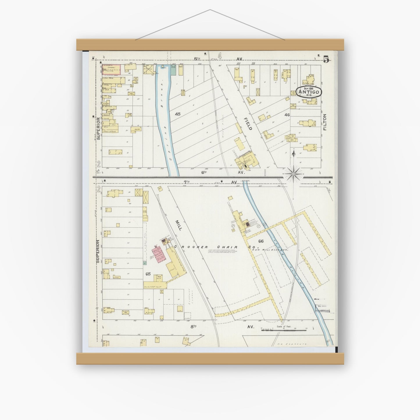 Old map wall art mockup — magnetic wood frame on white wall — Sanborn Fire Insurance Map from Antigo, Langlade County, Wisconsin (1892), Sheet #0005