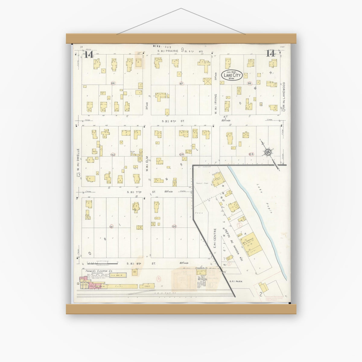 Old map wall art mockup — magnetic wood frame on white wall — Sanborn Fire Insurance Map from Lake City, Wabasha County, Minnesota (1938), Sheet #0014