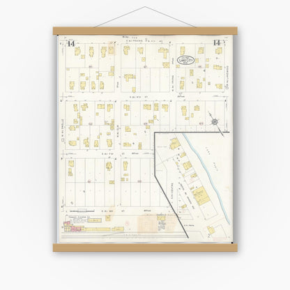 Old map wall art mockup — magnetic wood frame on white wall — Sanborn Fire Insurance Map from Lake City, Wabasha County, Minnesota (1938), Sheet #0014