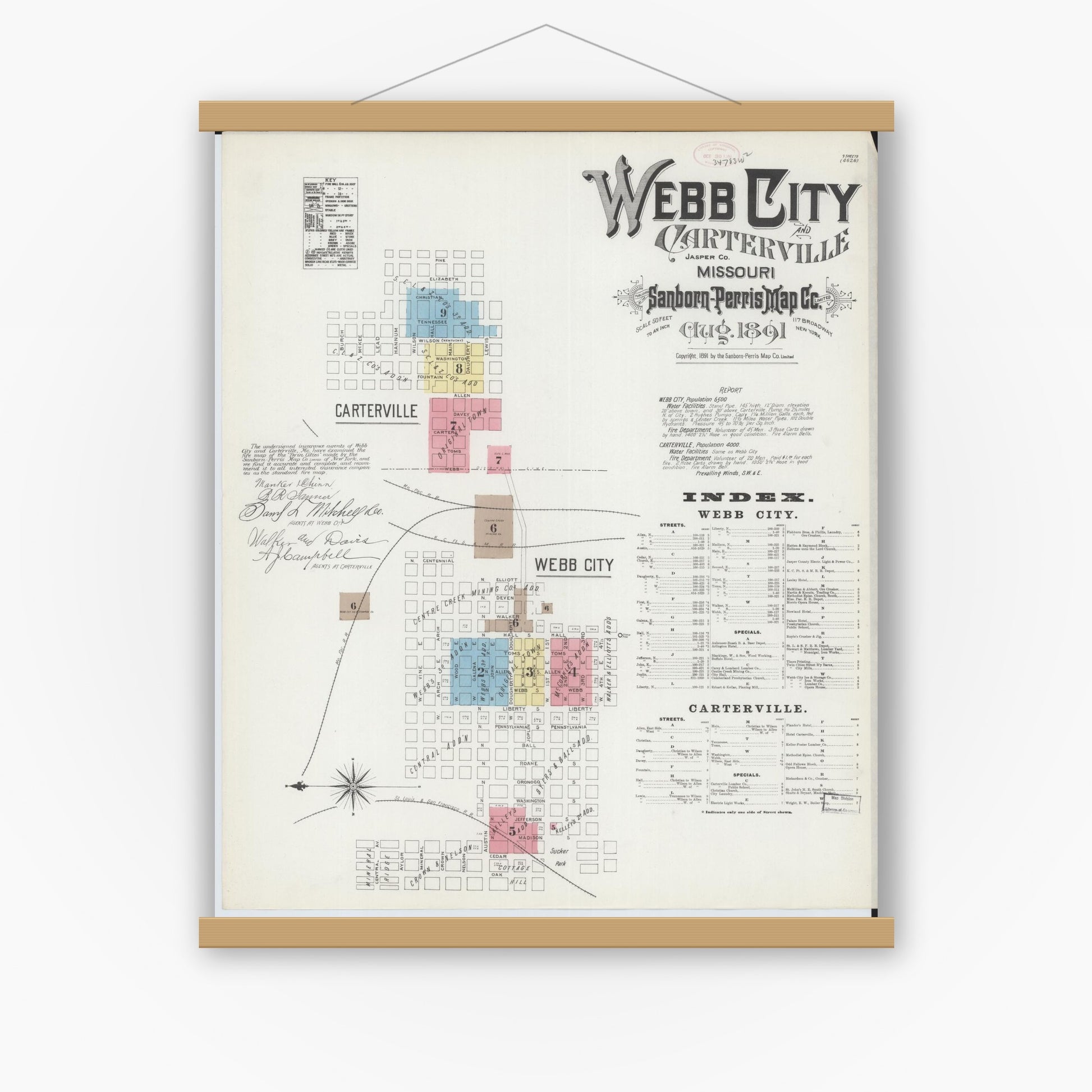 Old map wall art mockup — magnetic wood frame on white wall — Sanborn Fire Insurance Map from Webb City, Jasper County, Missouri (1891), Sheet #0001