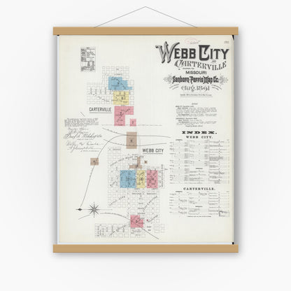 Old map wall art mockup — magnetic wood frame on white wall — Sanborn Fire Insurance Map from Webb City, Jasper County, Missouri (1891), Sheet #0001