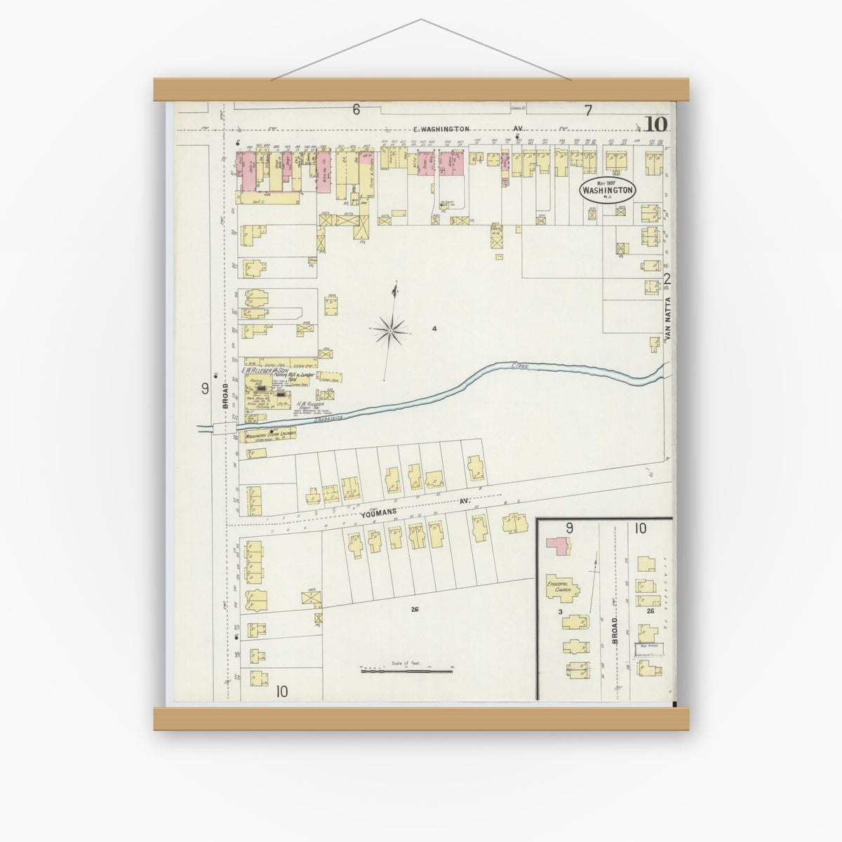 Old map wall art mockup — magnetic wood frame on white wall — Sanborn Fire Insurance Map from Washington, Warren County, New Jersey (1897), Sheet #0010