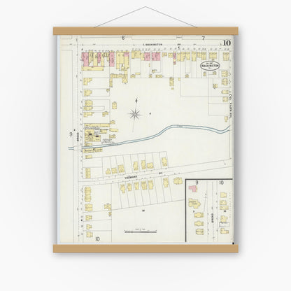 Old map wall art mockup — magnetic wood frame on white wall — Sanborn Fire Insurance Map from Washington, Warren County, New Jersey (1897), Sheet #0010