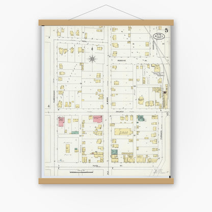 Old map wall art mockup — magnetic wood frame on white wall — Sanborn Fire Insurance Map from Niles, Trumbull County, Ohio (1898), Sheet #0005