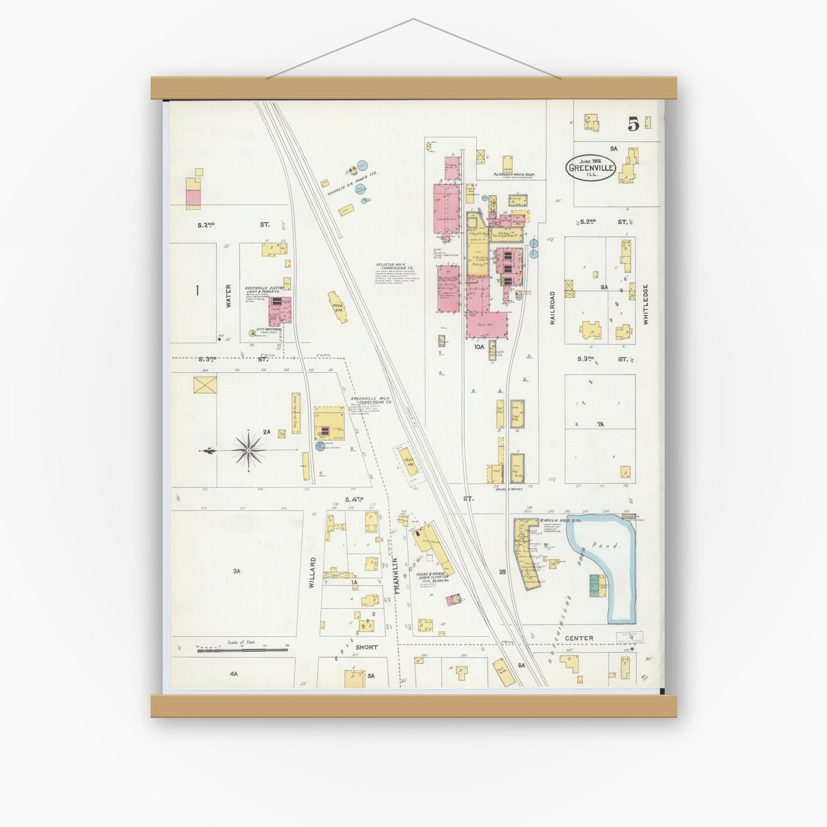 Old map wall art mockup — magnetic wood frame on white wall — Sanborn Fire Insurance Map from Greenville, Bond County, Illinois (1906), Sheet #0005