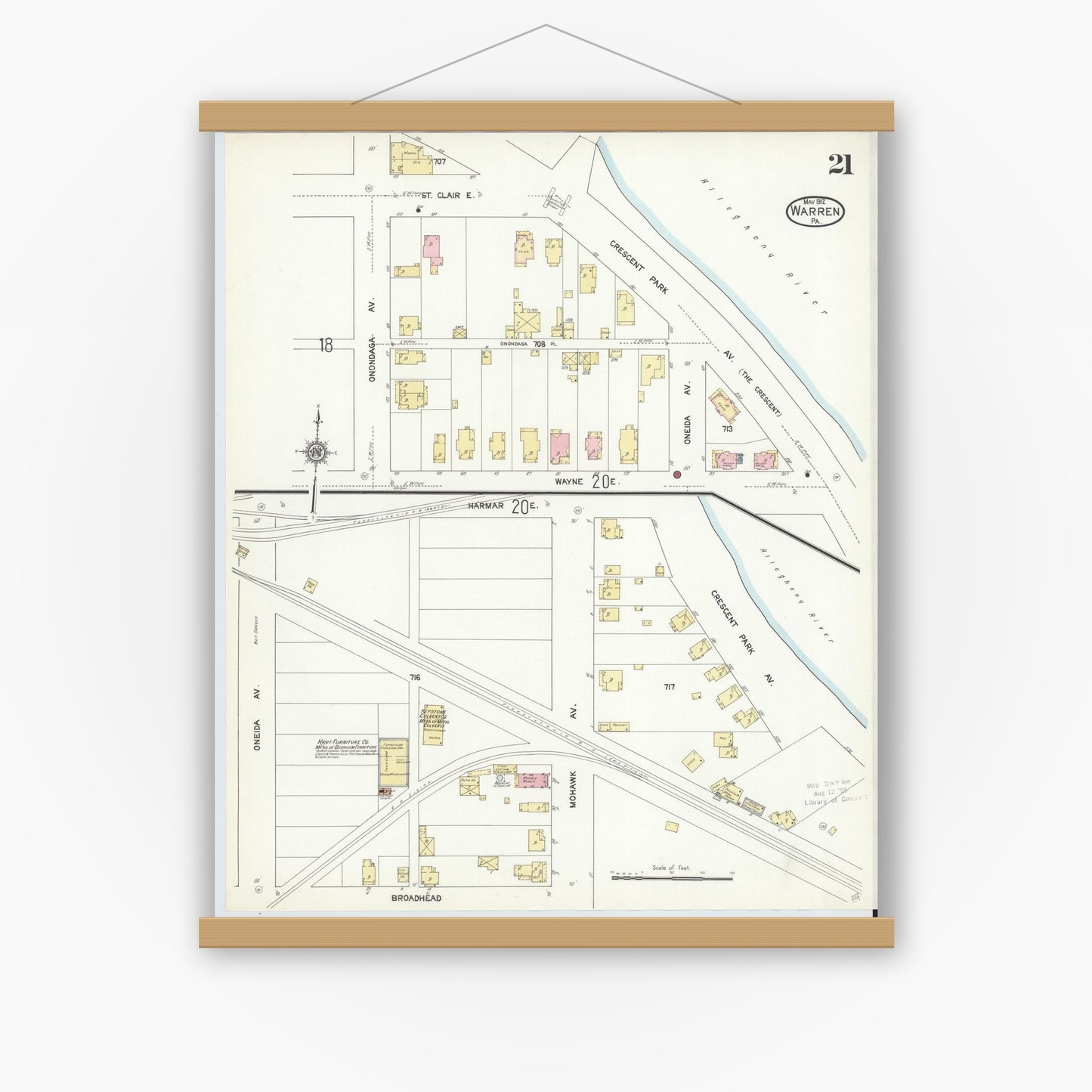 Old map wall art mockup — magnetic wood frame on white wall — Sanborn Fire Insurance Map from Warren, Warren County, Pennsylvania (1912), Sheet #0021