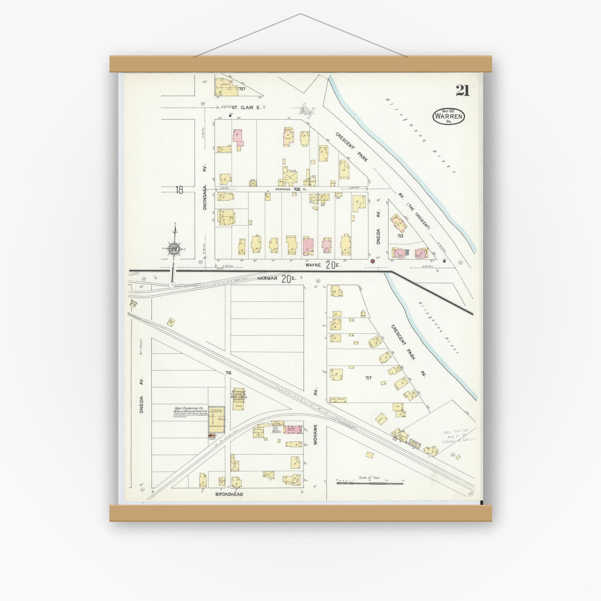 Old map wall art mockup — magnetic wood frame on white wall — Sanborn Fire Insurance Map from Warren, Warren County, Pennsylvania (1912), Sheet #0021