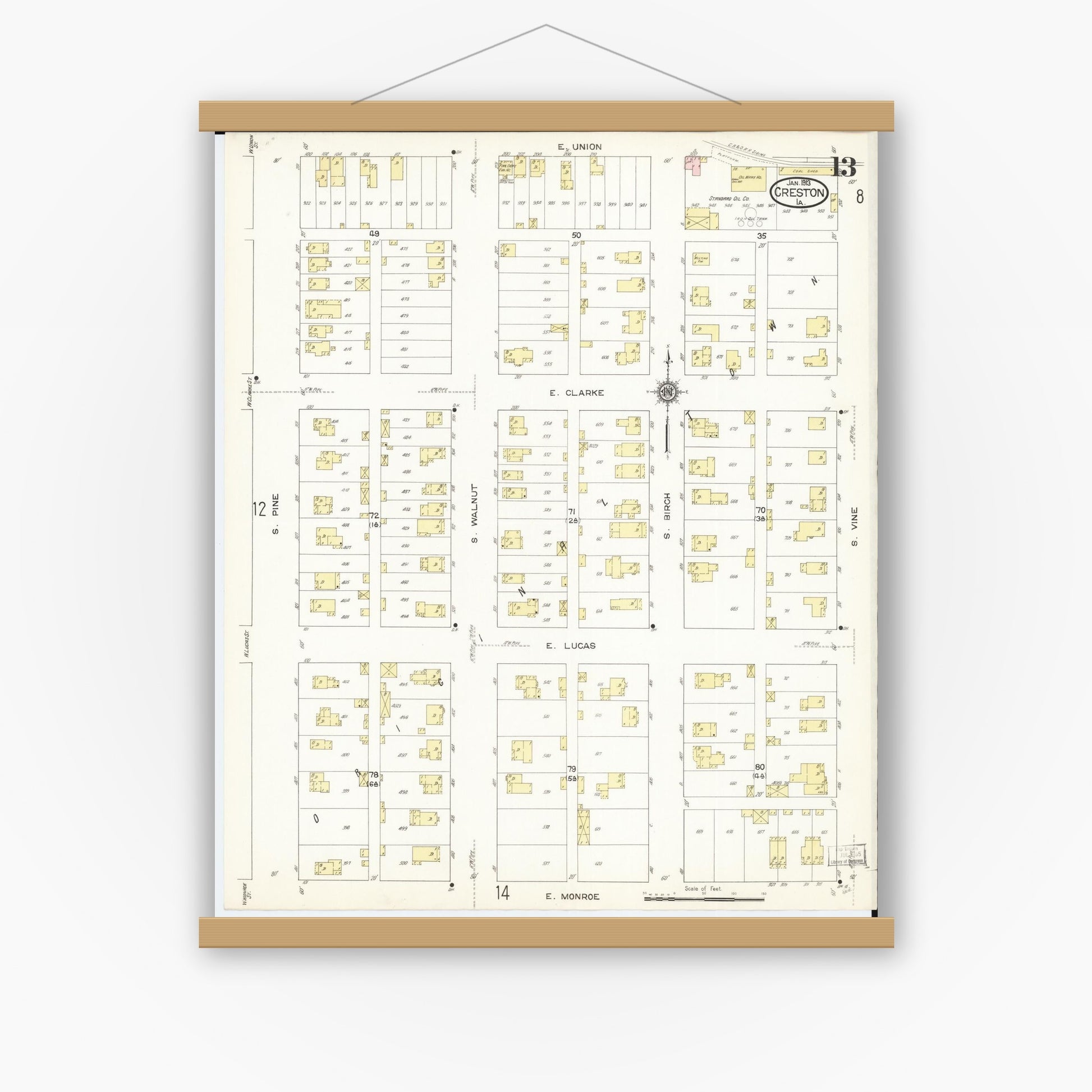 Old map wall art mockup — magnetic wood frame on white wall — Sanborn Fire Insurance Map from Creston, Union County, Iowa (1913), Sheet #0013