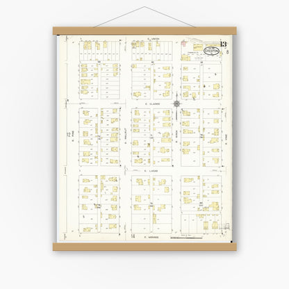 Old map wall art mockup — magnetic wood frame on white wall — Sanborn Fire Insurance Map from Creston, Union County, Iowa (1913), Sheet #0013