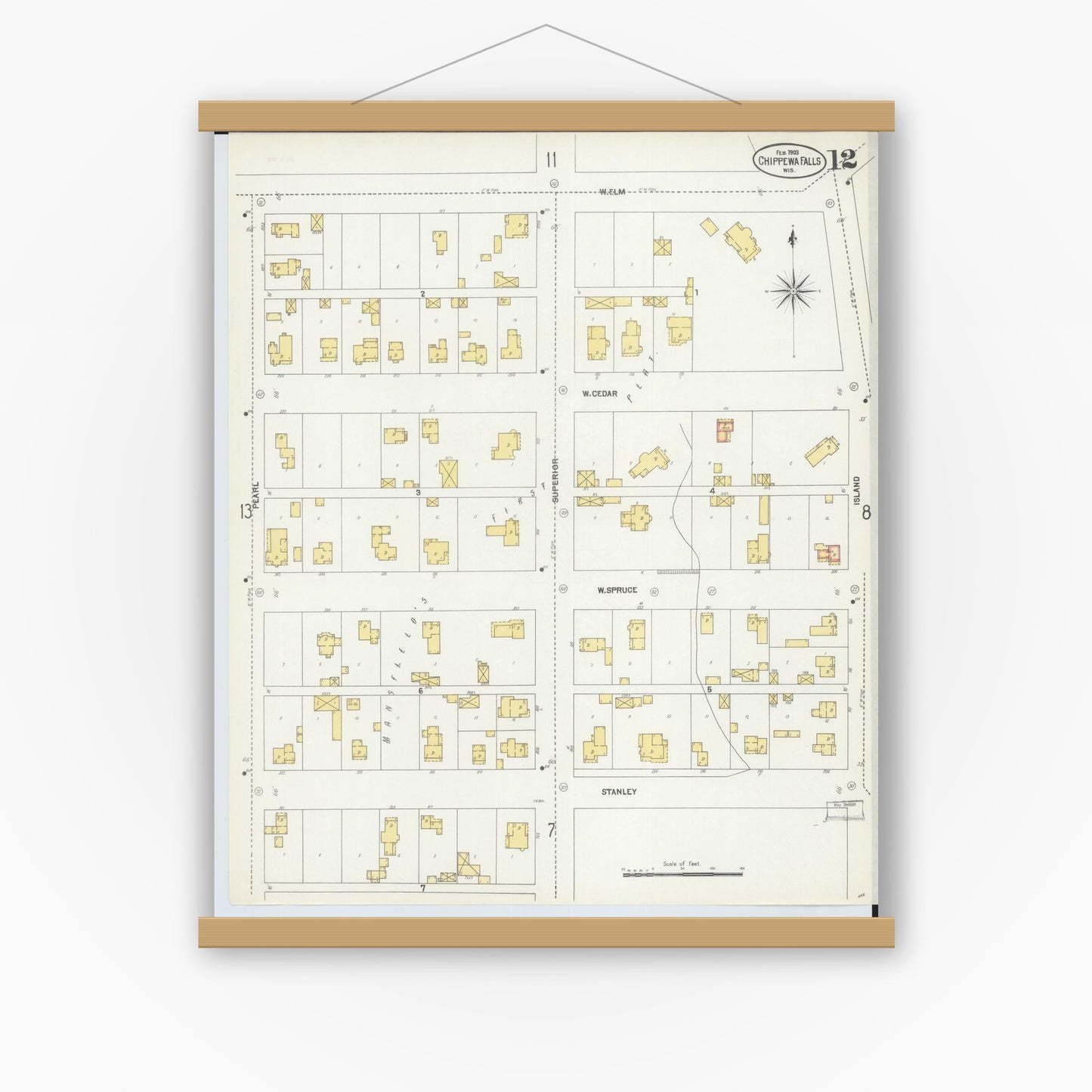 Old map wall art mockup — magnetic wood frame on white wall — Sanborn Fire Insurance Map from Chippewa Falls, Chippewa County, Wisconsin (1903), Sheet #0012