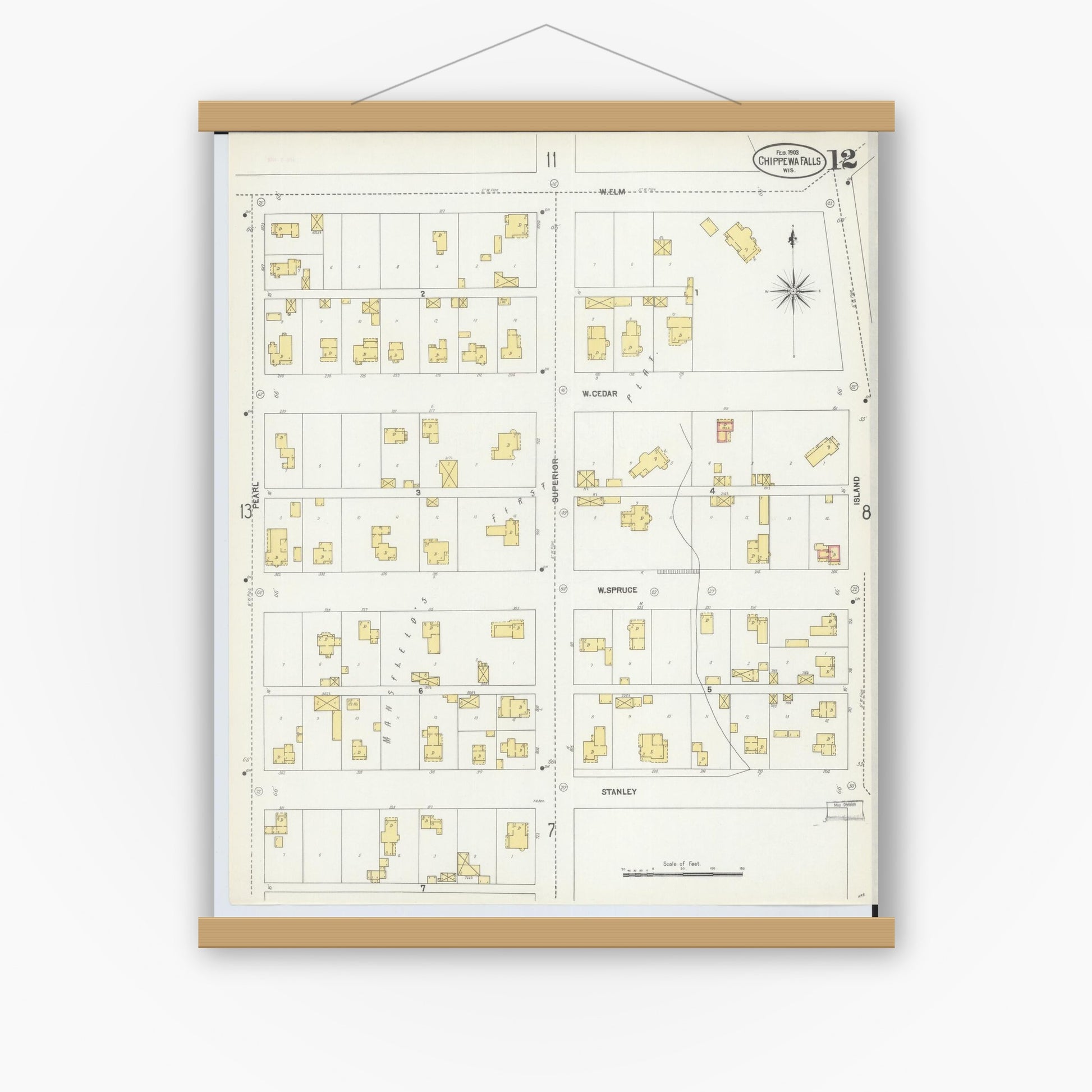 Old map wall art mockup — magnetic wood frame on white wall — Sanborn Fire Insurance Map from Chippewa Falls, Chippewa County, Wisconsin (1903), Sheet #0012