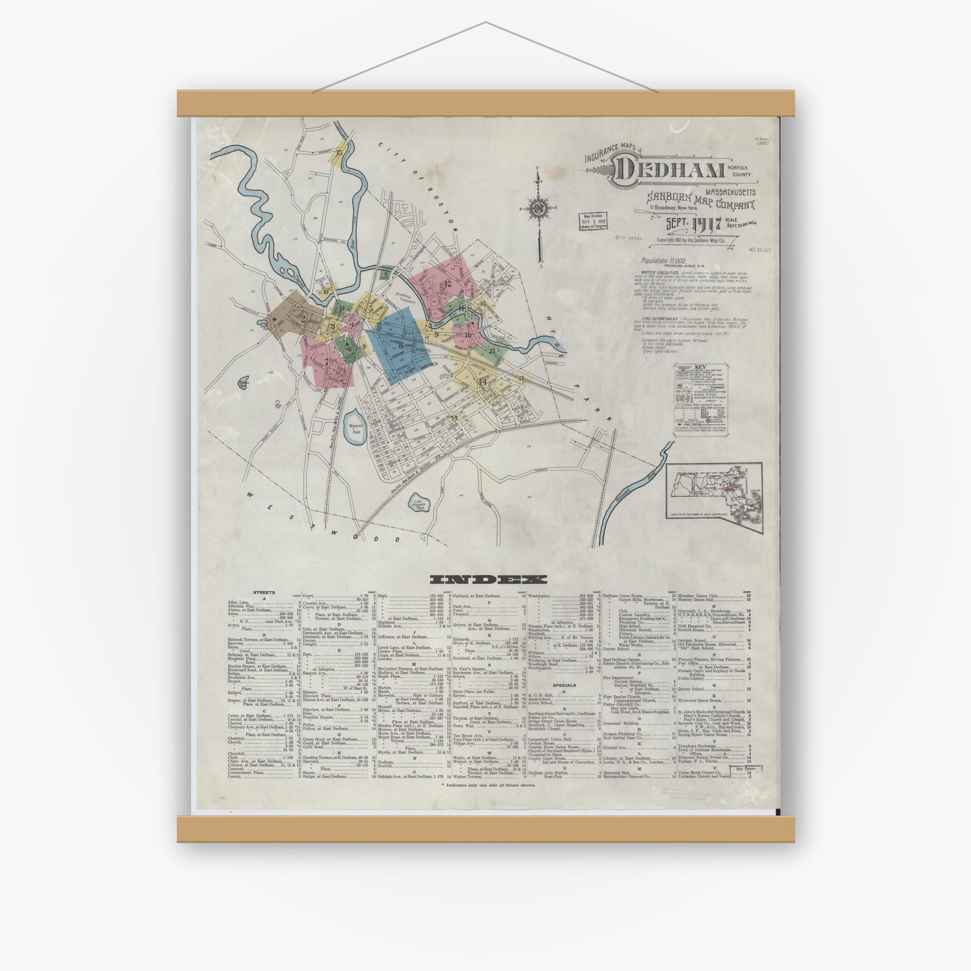 Old map wall art mockup — magnetic wood frame on white wall — Sanborn Fire Insurance Map from Dedham, Norfolk County, Massachusetts (1917) - Complete Map Set