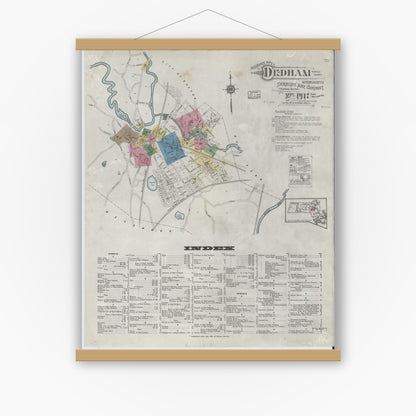 Old map wall art mockup — magnetic wood frame on white wall — Sanborn Fire Insurance Map from Dedham, Norfolk County, Massachusetts (1917) - Complete Map Set