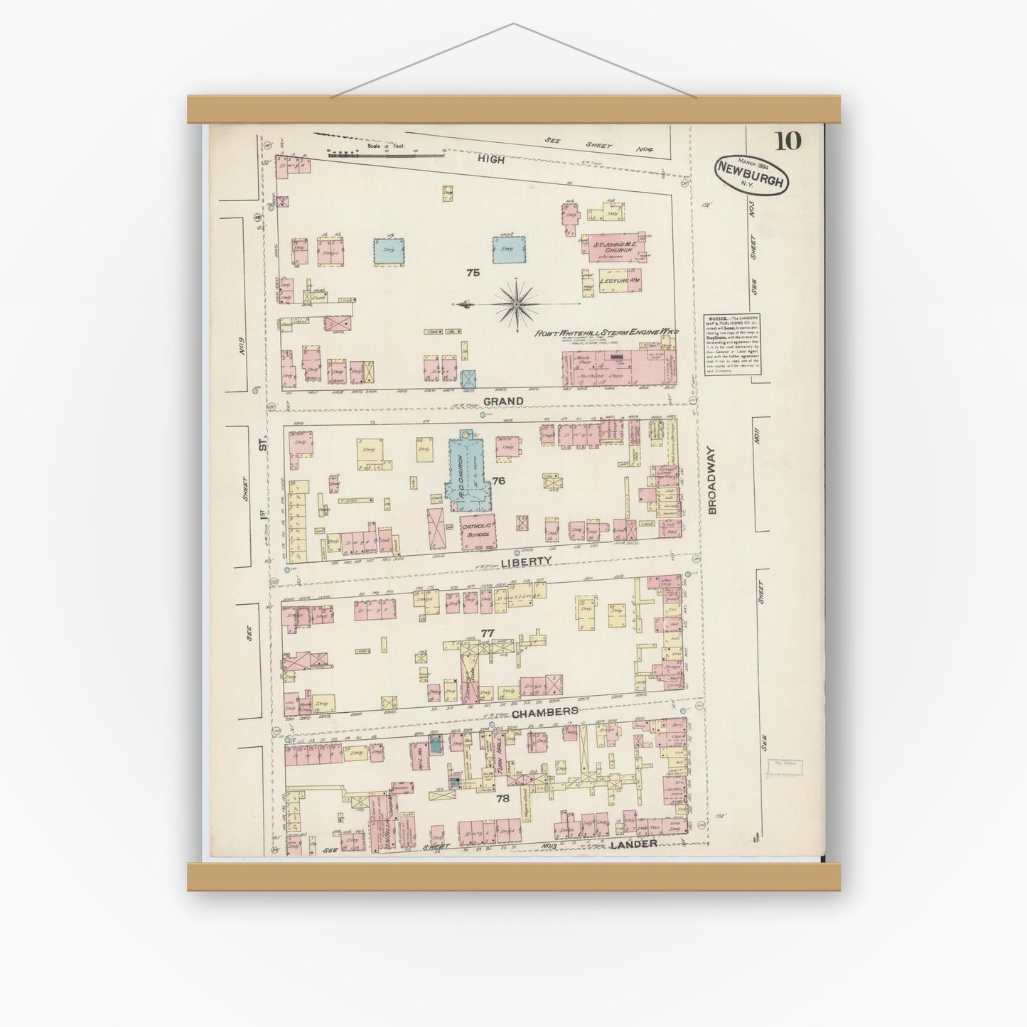 Old map wall art mockup — magnetic wood frame on white wall — Sanborn Fire Insurance Map from Newburgh, Orange County, New York (1884), Sheet #0010