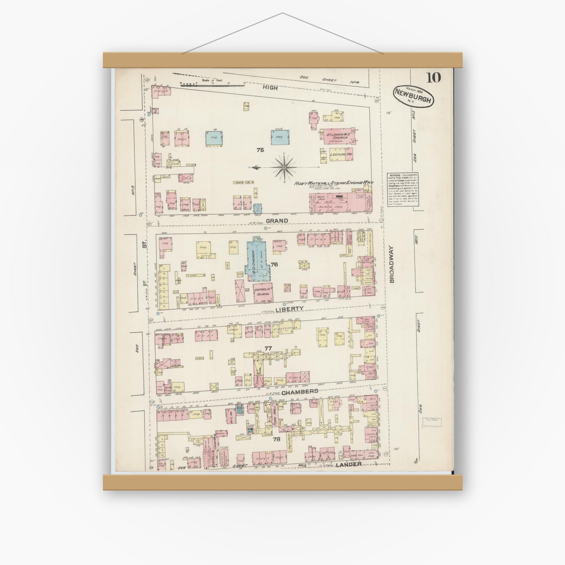 Old map wall art mockup — magnetic wood frame on white wall — Sanborn Fire Insurance Map from Newburgh, Orange County, New York (1884), Sheet #0010