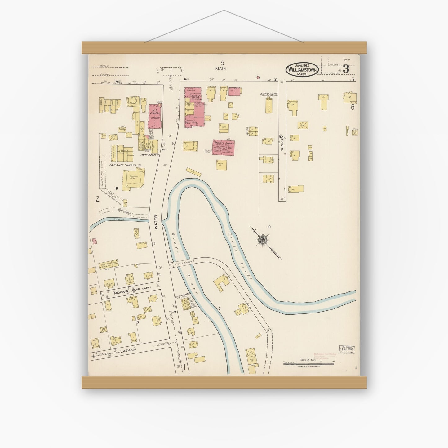 Old map wall art mockup — magnetic wood frame on white wall — Sanborn Fire Insurance Map from Williamstown, Berkshire County, Massachusetts (1922), Sheet #0003