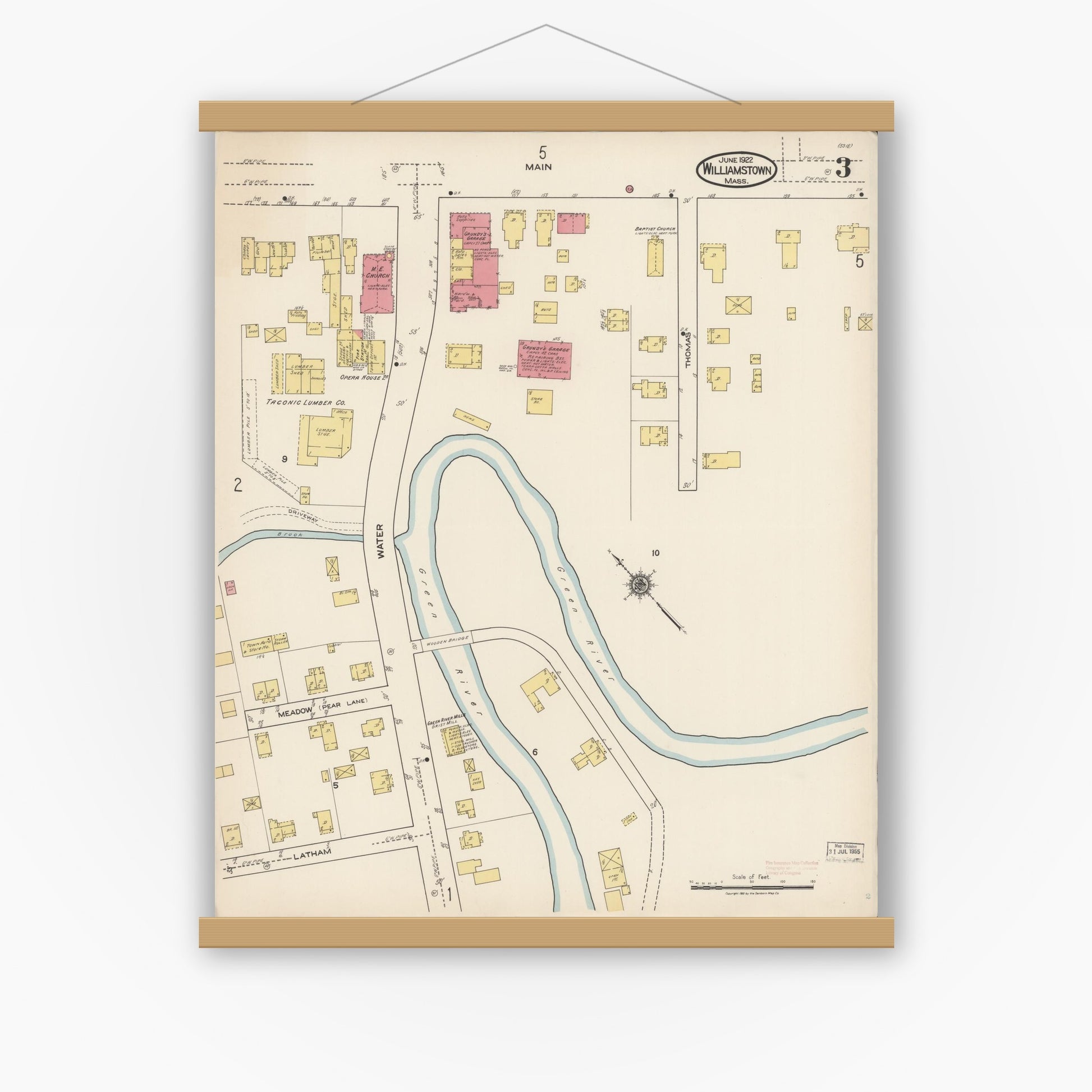 Old map wall art mockup — magnetic wood frame on white wall — Sanborn Fire Insurance Map from Williamstown, Berkshire County, Massachusetts (1922), Sheet #0003
