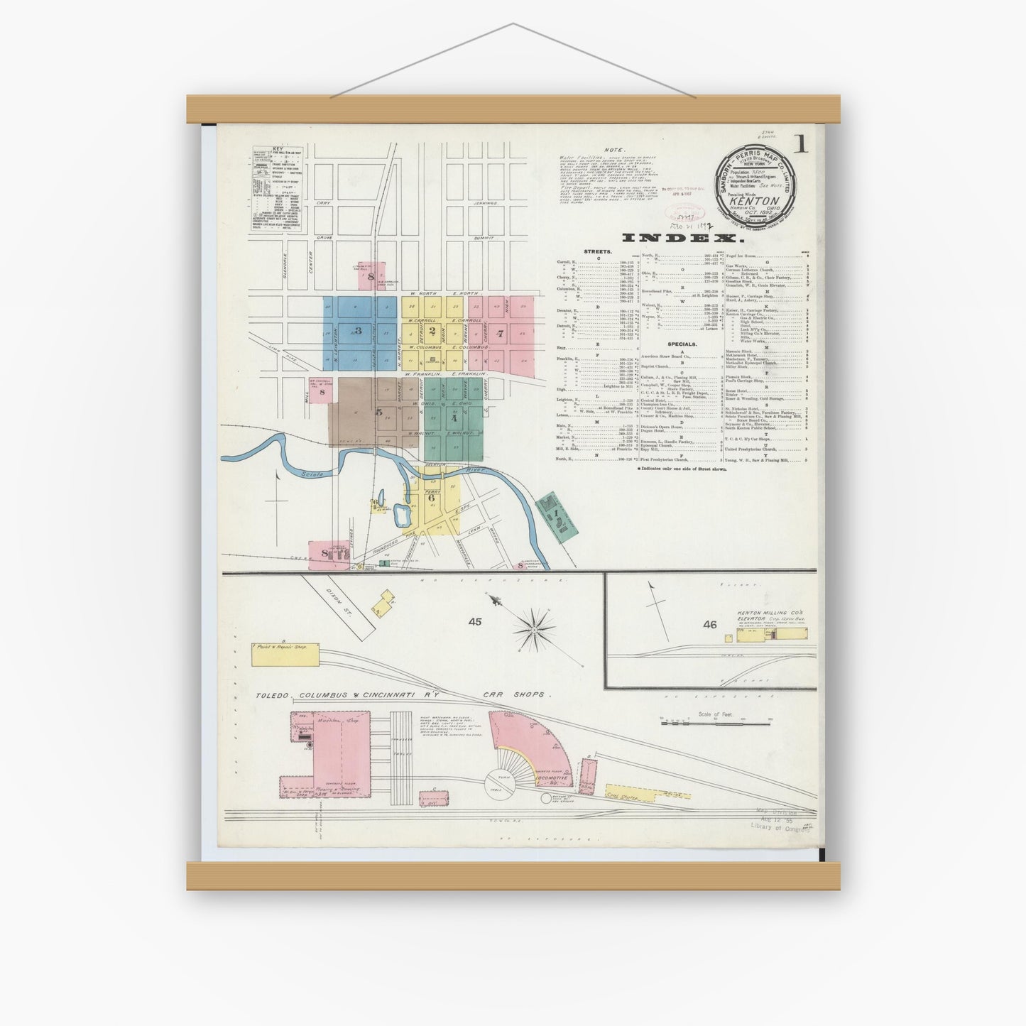 Old map wall art mockup — magnetic wood frame on white wall — Sanborn Fire Insurance Map from Kenton, Hardin County, Ohio (1892) - Complete Map Set