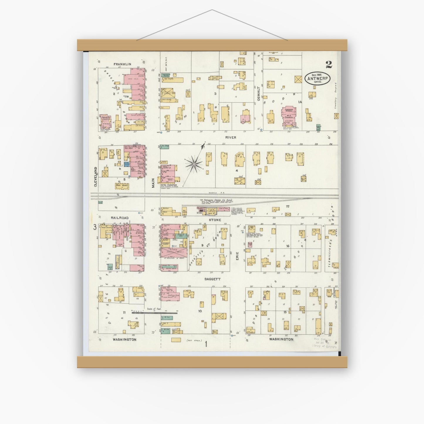 Old map wall art mockup — magnetic wood frame on white wall — Sanborn Fire Insurance Map from Antwerp, Paulding County, Ohio (1905), Sheet #0002