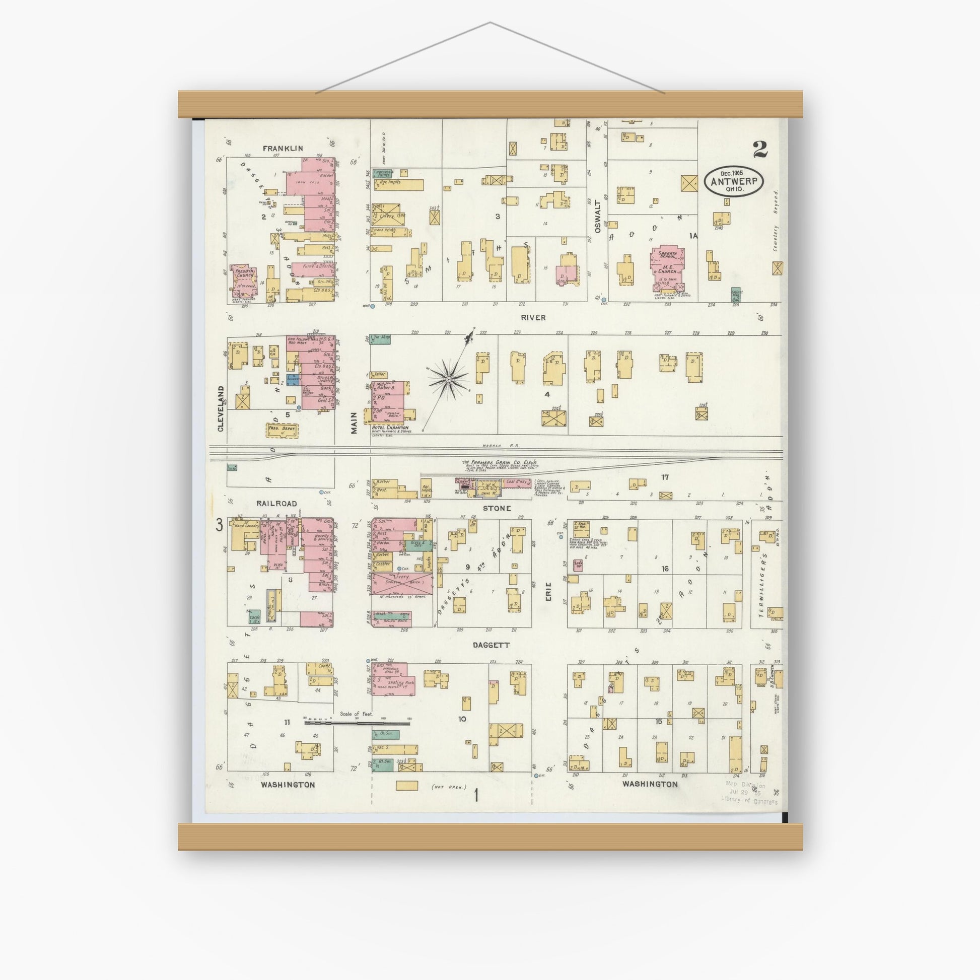 Old map wall art mockup — magnetic wood frame on white wall — Sanborn Fire Insurance Map from Antwerp, Paulding County, Ohio (1905), Sheet #0002