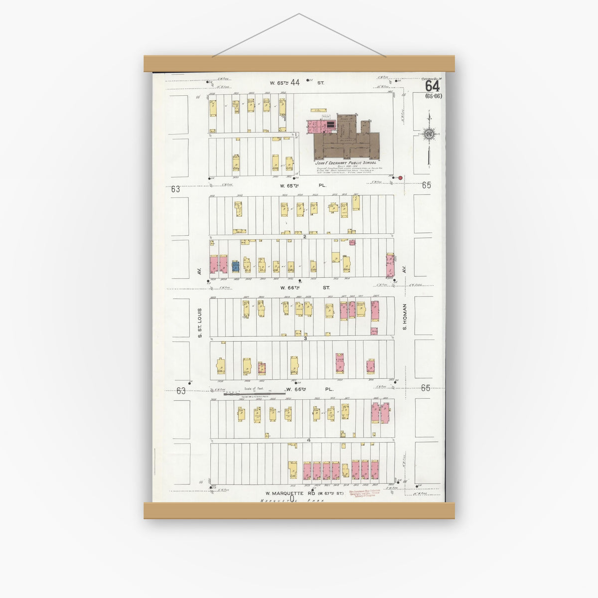 Old map wall art mockup — magnetic wood frame on white wall — Sanborn Fire Insurance Map from Chicago, Cook County, Illinois (1920), Sheet #0064