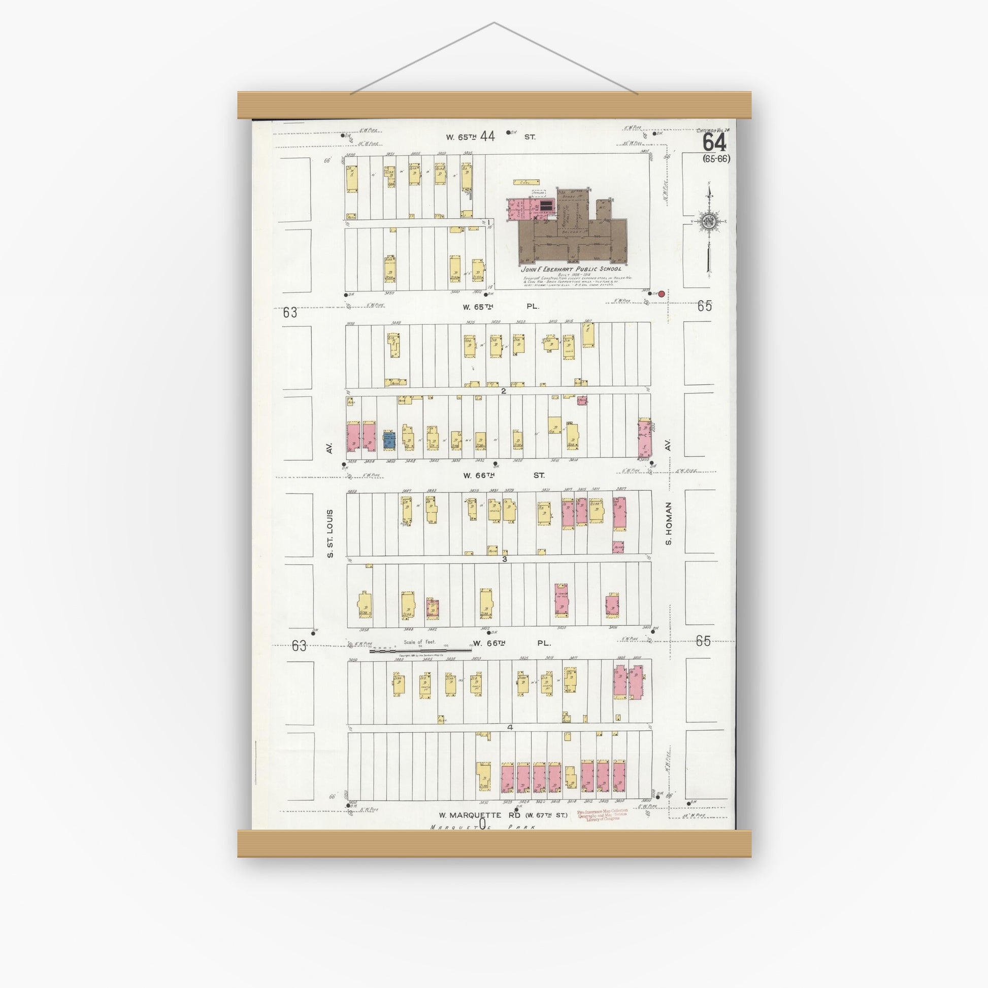 Old map wall art mockup — magnetic wood frame on white wall — Sanborn Fire Insurance Map from Chicago, Cook County, Illinois (1920), Sheet #0064