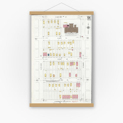 Old map wall art mockup — magnetic wood frame on white wall — Sanborn Fire Insurance Map from Chicago, Cook County, Illinois (1920), Sheet #0064