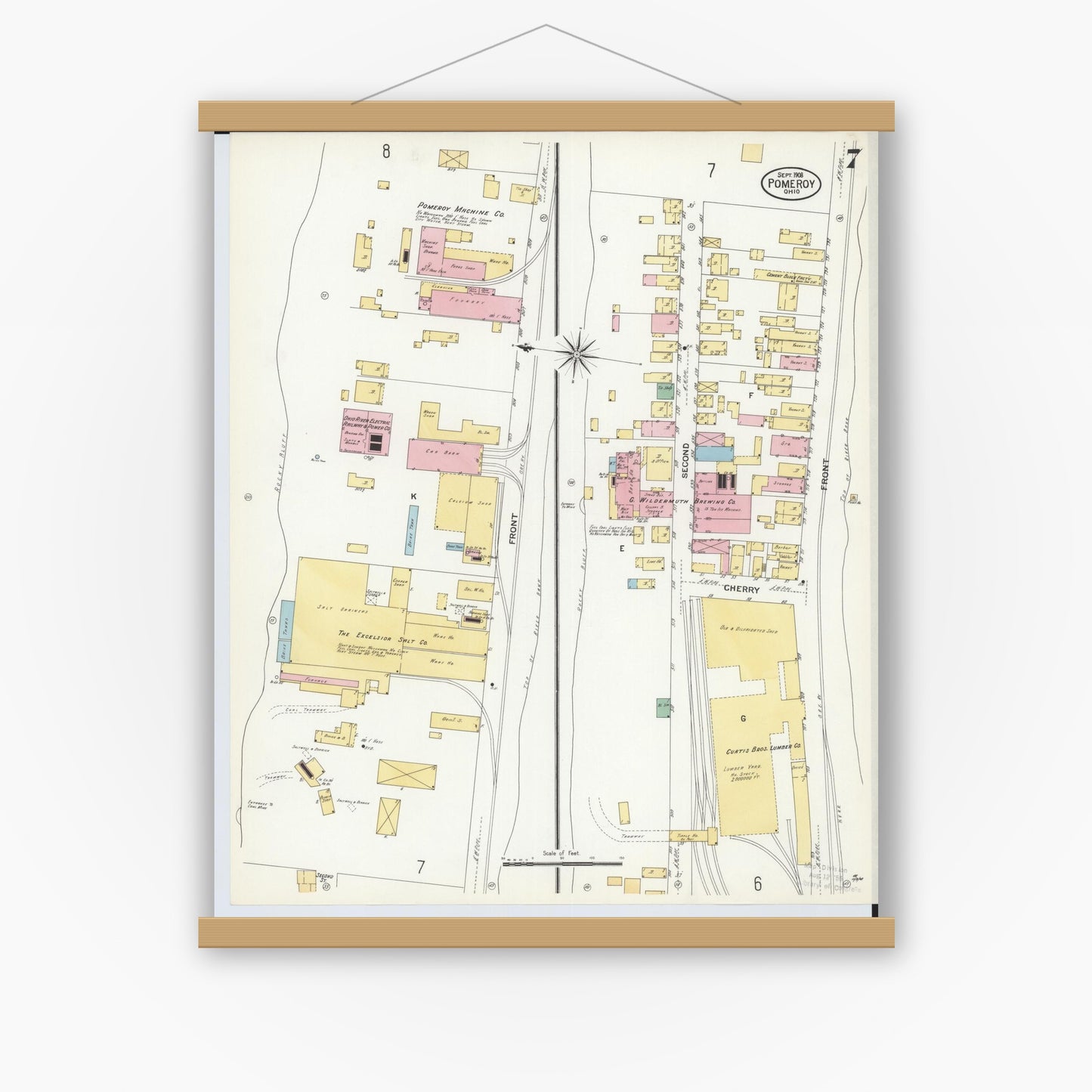 Old map wall art mockup — magnetic wood frame on white wall — Sanborn Fire Insurance Map from Pomeroy, Meigs County, Ohio (1908), Sheet #0007