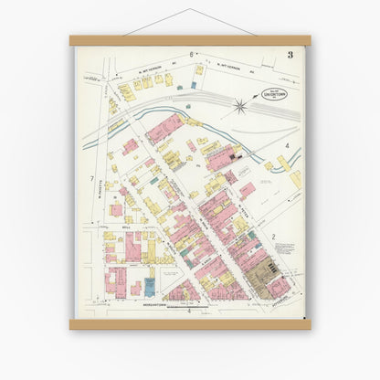 Old map wall art mockup — magnetic wood frame on white wall — Sanborn Fire Insurance Map from Uniontown, Fayette County, Pennsylvania (1907), Sheet #0003