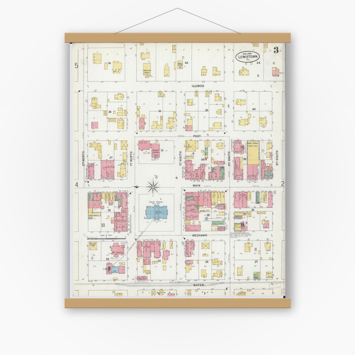 Old map wall art mockup — magnetic wood frame on white wall — Sanborn Fire Insurance Map from Lewistown, Fulton County, Illinois (1899), Sheet #0003