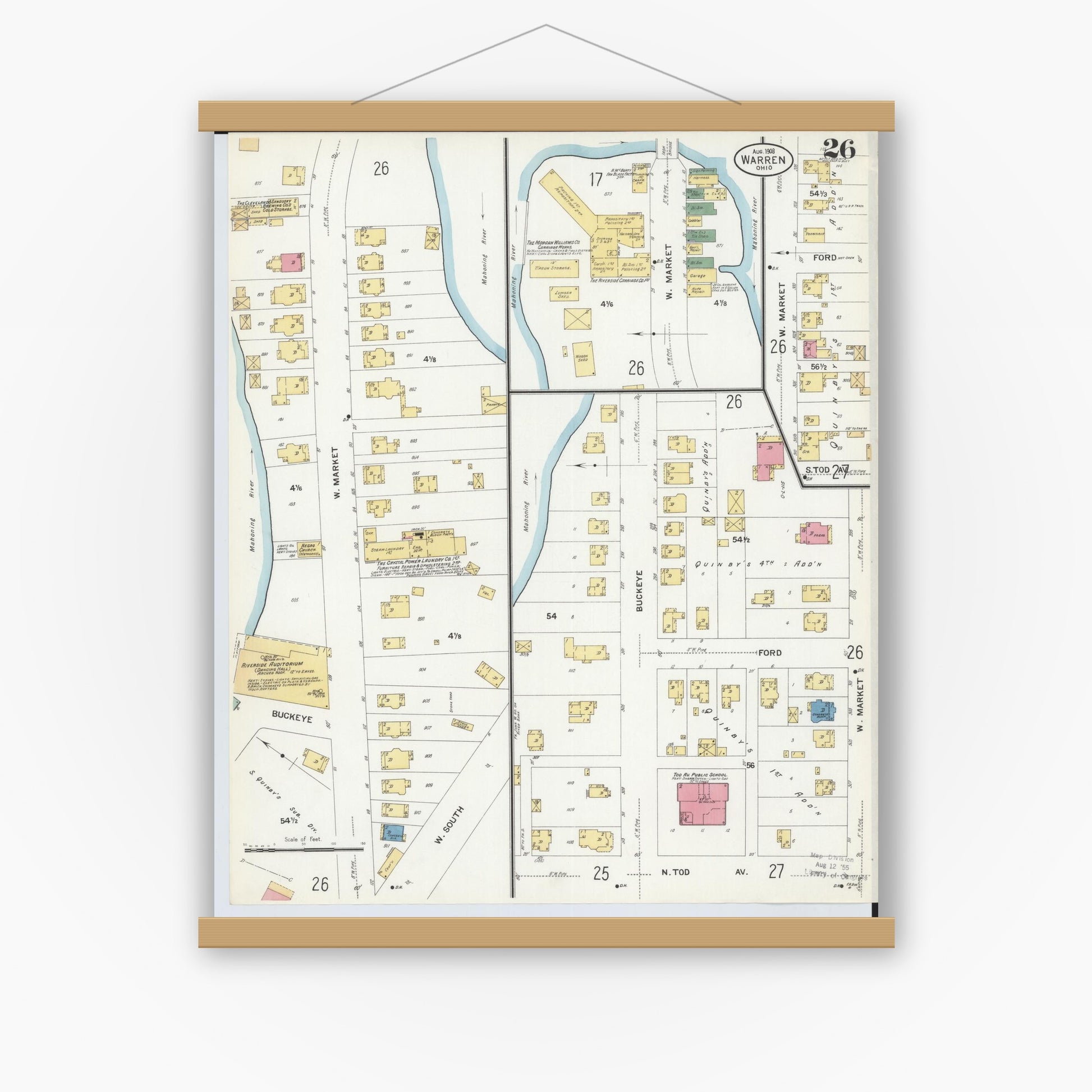 Old map wall art mockup — magnetic wood frame on white wall — Sanborn Fire Insurance Map from Warren, Trumbull County, Ohio (1908), Sheet #0026