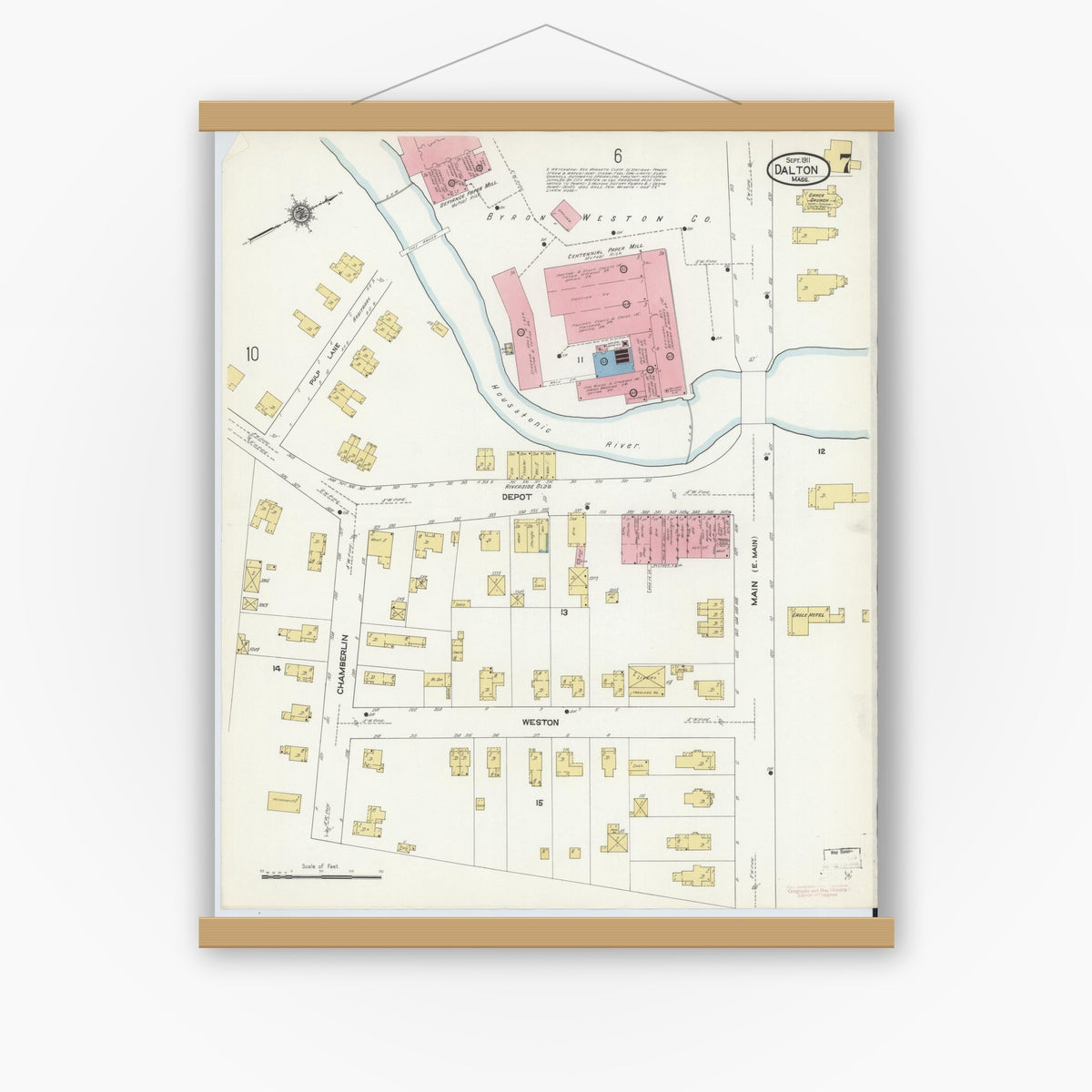 Old map wall art mockup — magnetic wood frame on white wall — Sanborn Fire Insurance Map from Dalton, Berkshire County, Massachusetts (1911), Sheet #0007