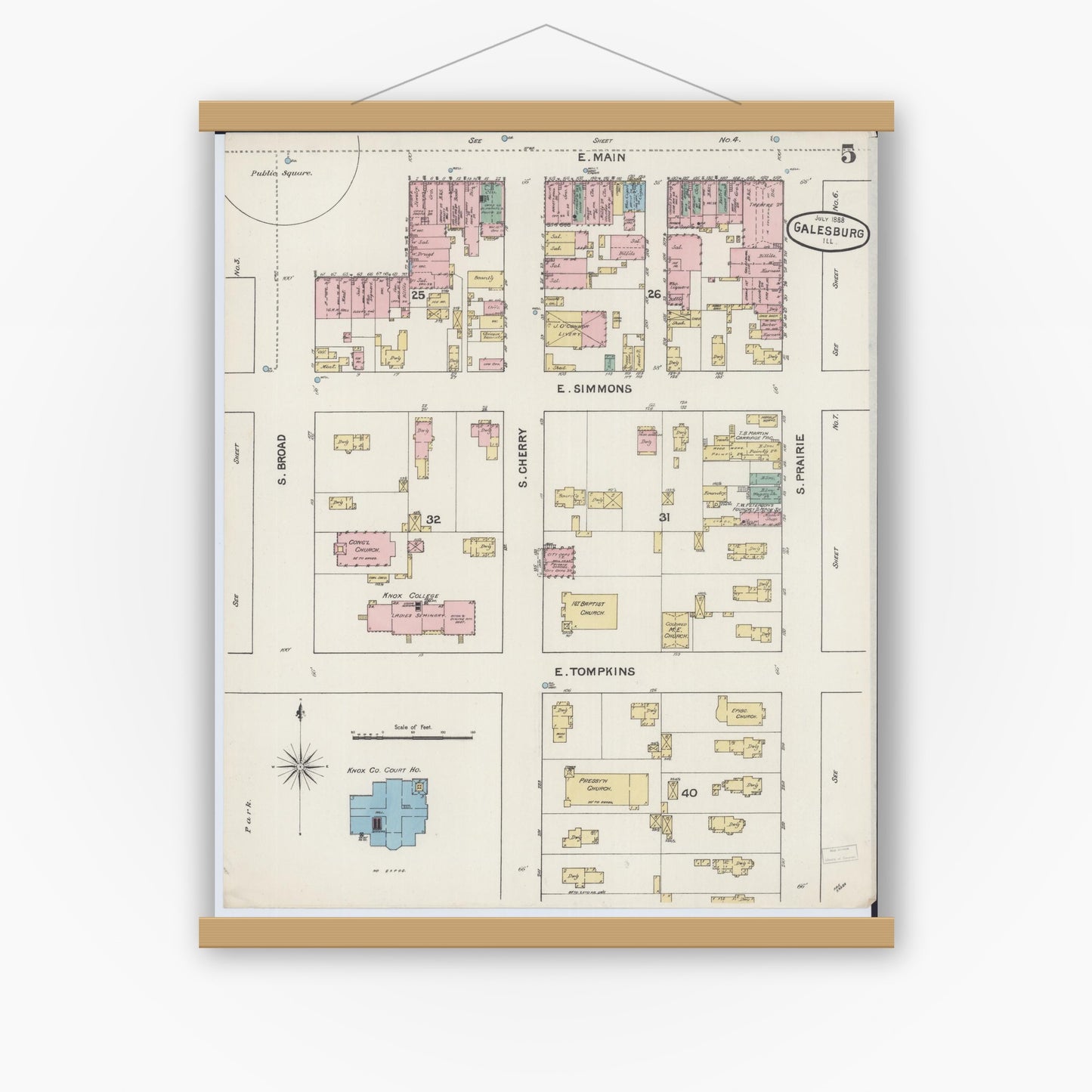 Old map wall art mockup — magnetic wood frame on white wall — Sanborn Fire Insurance Map from Galesburg, Knox County, Illinois (1888), Sheet #0005