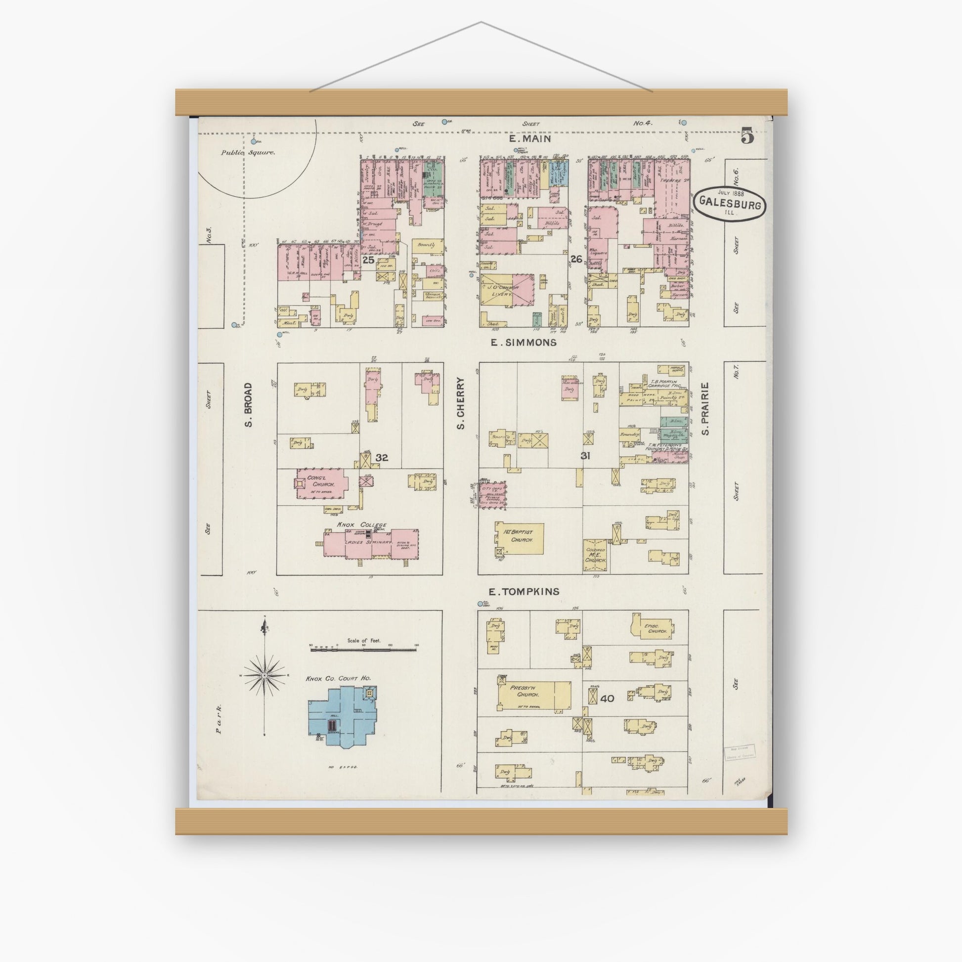 Old map wall art mockup — magnetic wood frame on white wall — Sanborn Fire Insurance Map from Galesburg, Knox County, Illinois (1888), Sheet #0005